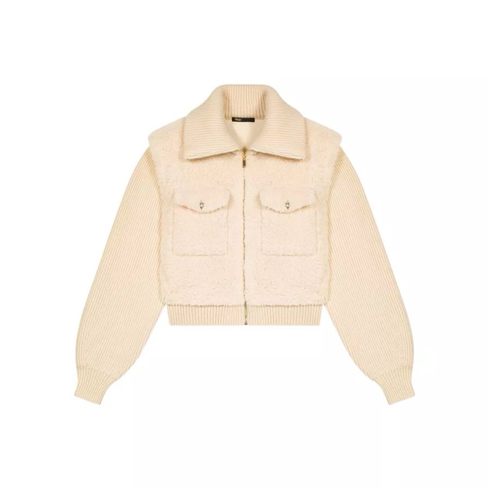 MAJE Faux Fur & Knit Jacket Cream